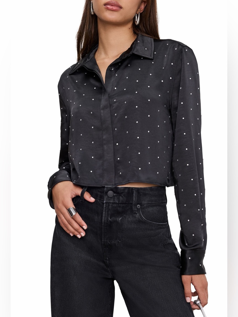 NWT Good American Crystal Embellished Satin Button Up Crop Shirt Sz M